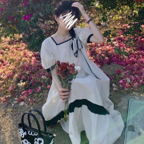 Đầm váy nữ babydoll dáng xòe cộc tay kiểu màu trắng be phối viền đen nổi phong cách thời trang Ulzzang | BigBuy360 - bigbuy360.vn