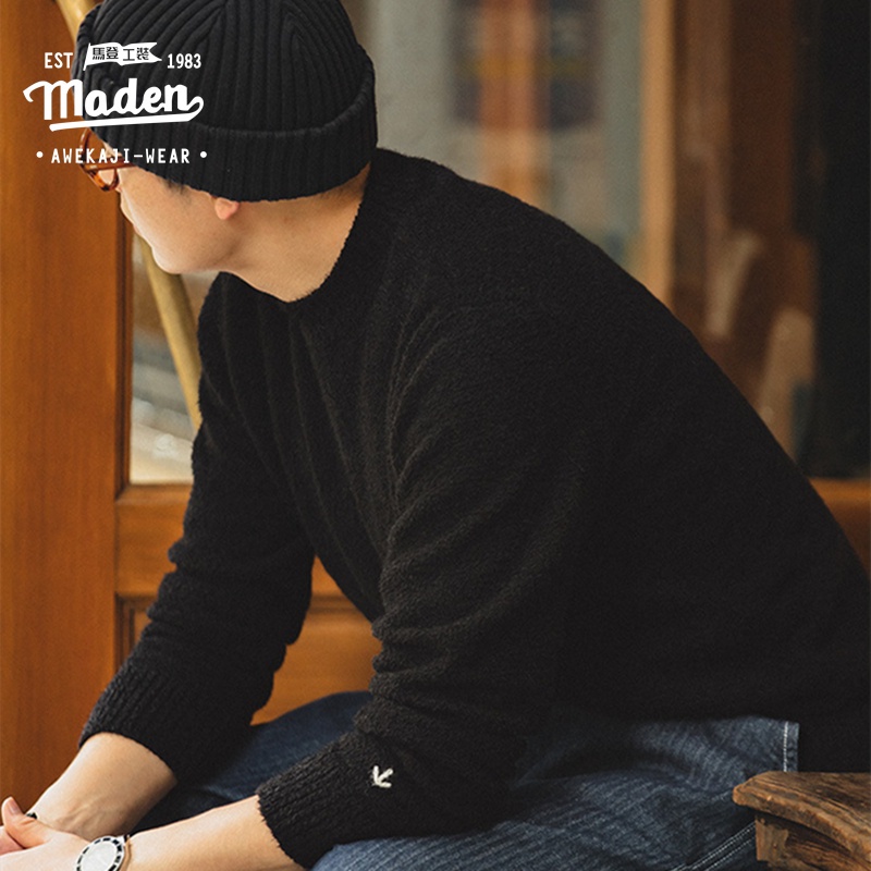 MADEN tooling men's autumn and winter American retro half turtleneck black slimming bottoming fleece knitted sweater