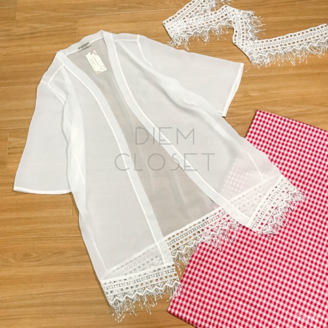 Áo Kimono ren thiết kế đen-trắng, áo choàng đi biển | BigBuy360 - bigbuy360.vn