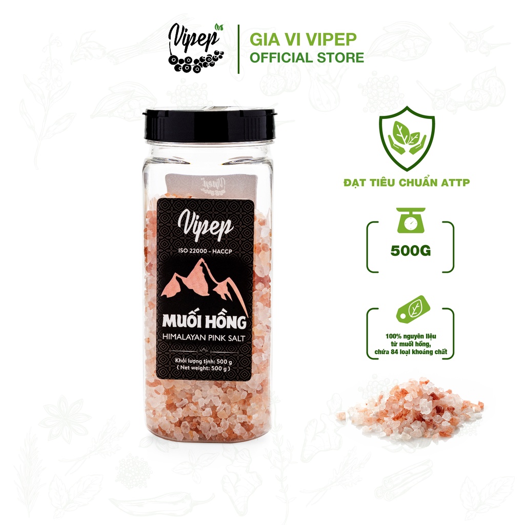 Muối hồng Himalaya nguyên hạt 100% Vipep, không chất tạo màu chuyên dùng sơ chế món ăn, gia vị tẩm ướp 500g