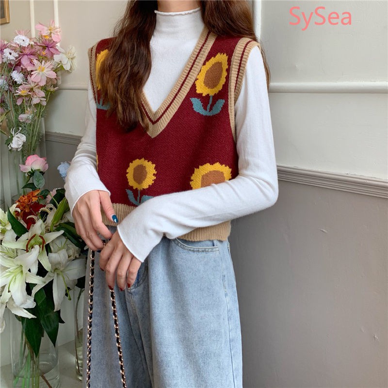 Áo Gi-Lê Len Sát Nách Dáng Rộng In Hình Hoa Hướng Dương Trẻ Trung Phong Cách Retro | BigBuy360 - bigbuy360.vn