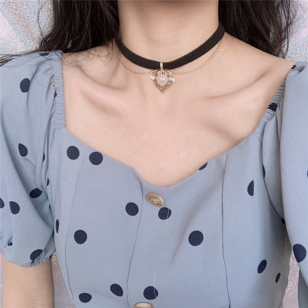 Vòng Cổ Choker Vải Nhung Mặt Hình Trái Tim Phong Cách Retro