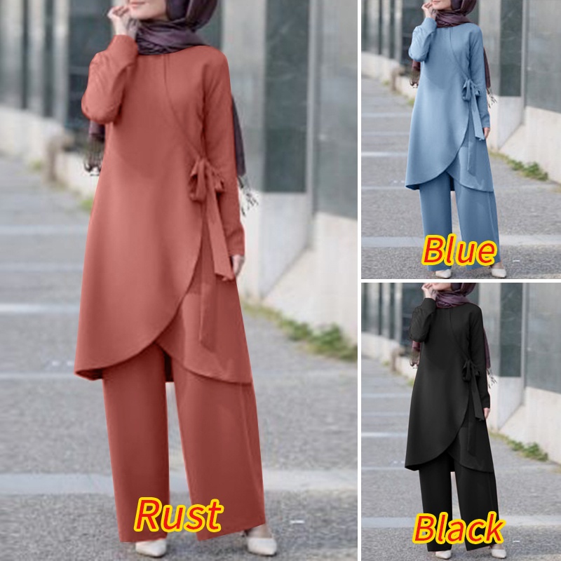Bộ đồ hai mảnh Zanzea gồm áo tay dài và quần dài ống rộng màu trơn thiết kế đơn giản thời trang cho nữ