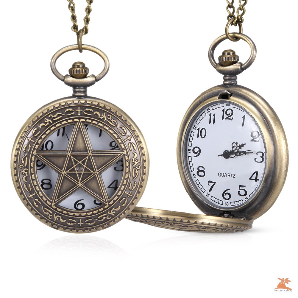 #Đồng hồ bỏ túi# 1pc Men Women Quartz Pocket Watch 5-Pointed Star Hollow Carved Case with Chain