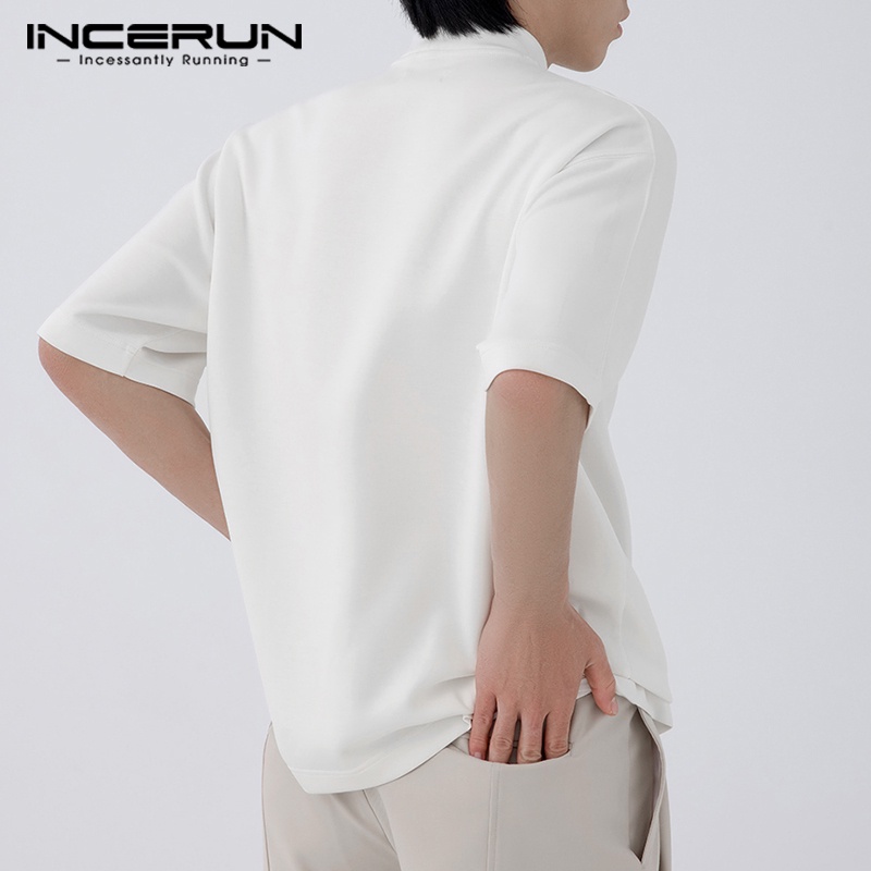 Áo thun INCERUN tay ngắn màu trơn đơn giản thời trang cho nam