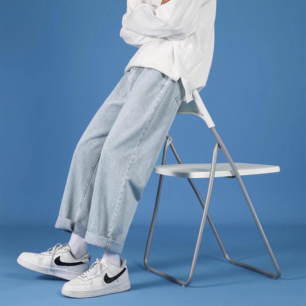 Quần Jeans Trơn Dáng Suông Rộng Thoải Mái Phong Cách Thời Trang Hàn Quốc Cho Nam Giới Có size S-5XL