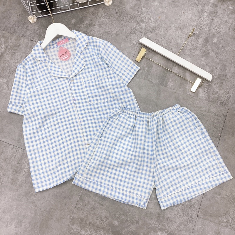 Bộ pijama áo cộc quần đùi hoạ tiết kẻ ô, Đồ mặc nhà nữ kẻ xinh