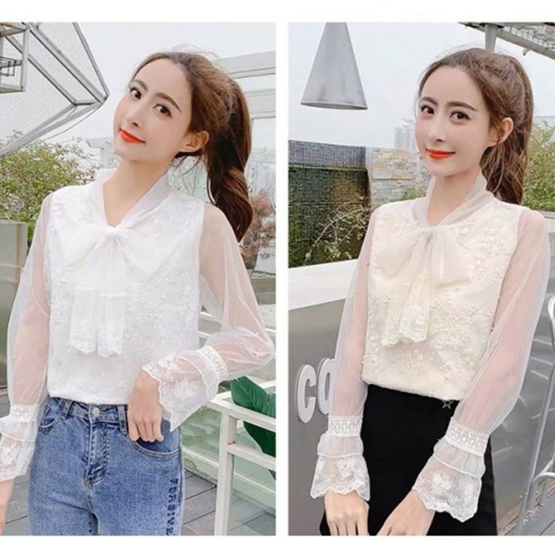 Áo kiểu tay ống loe phối nơ phong cách Hàn Quốc dành cho bạn nữ | BigBuy360 - bigbuy360.vn