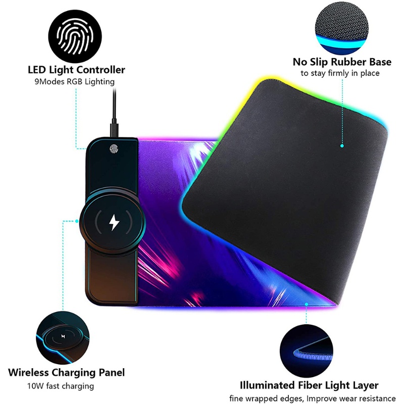 Miếng lót chuột chơi game không dây có đèn RGB kèm đế sạc nhanh cho PC/laptop/điện thoại