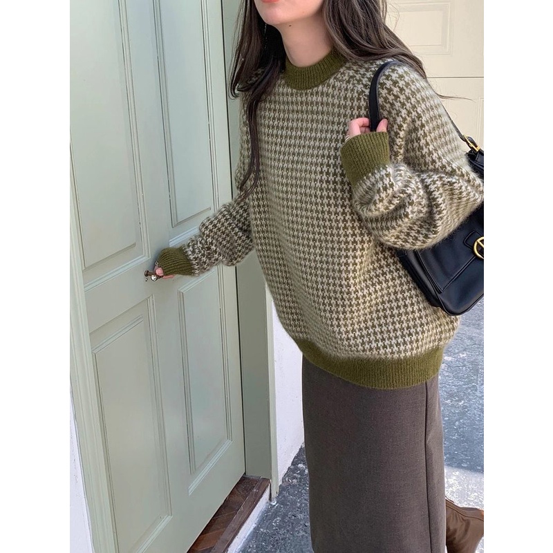 Áo Sweater Dệt Kim Dày Dặn Dáng Rộng Phong Cách Retro Hàn Quốc Cho Nữ