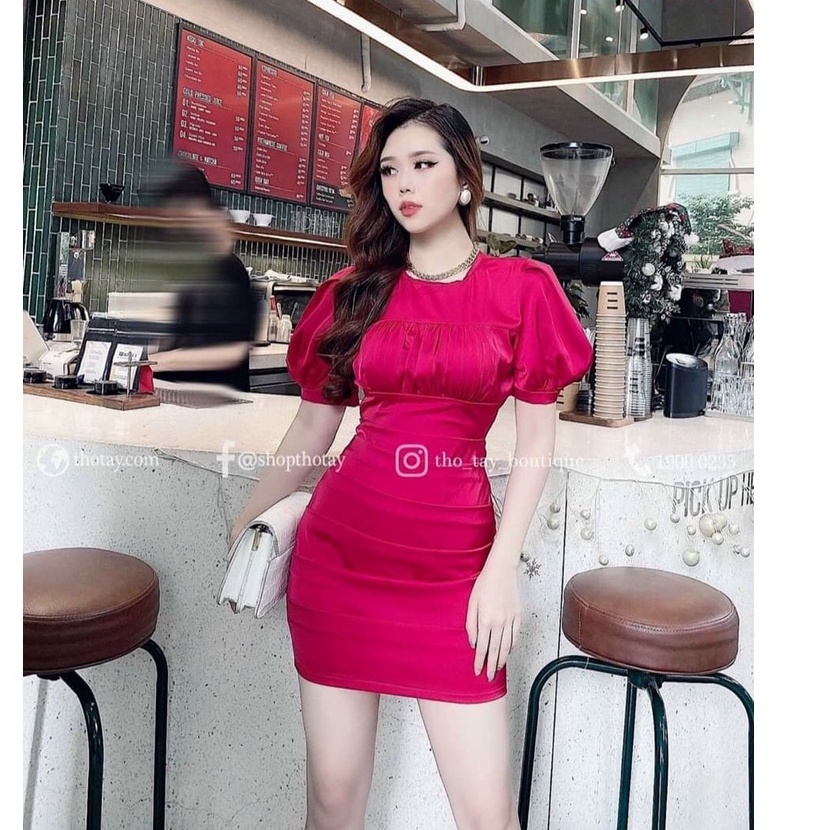 Đầm Nữ Kiểu Dáng Tay Phồng Vải Satin Phối Nhung Thời Thượng