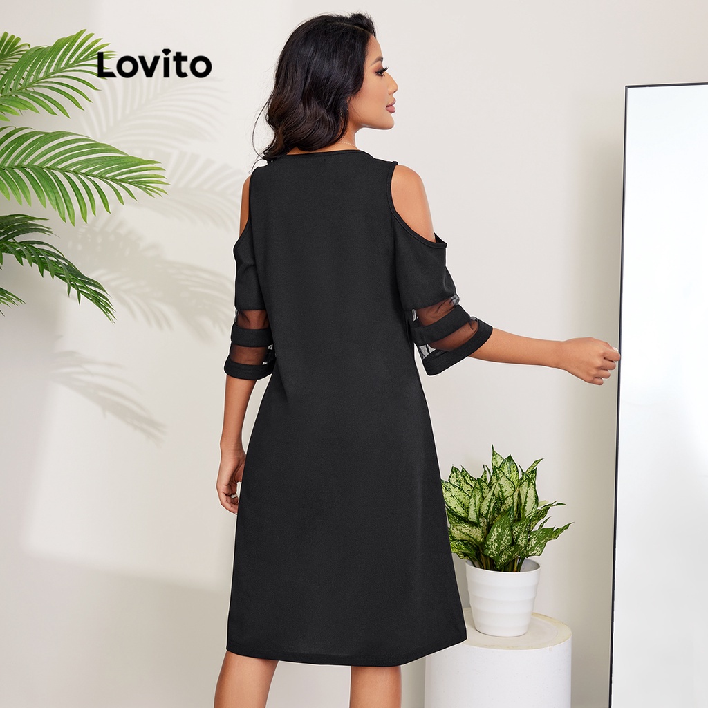 Đầm Lovito thiết kế cổ chữ V cắt xẻ vải lưới tương phản trơn màu phong cách thanh lịch L27LD097 (màu đen)