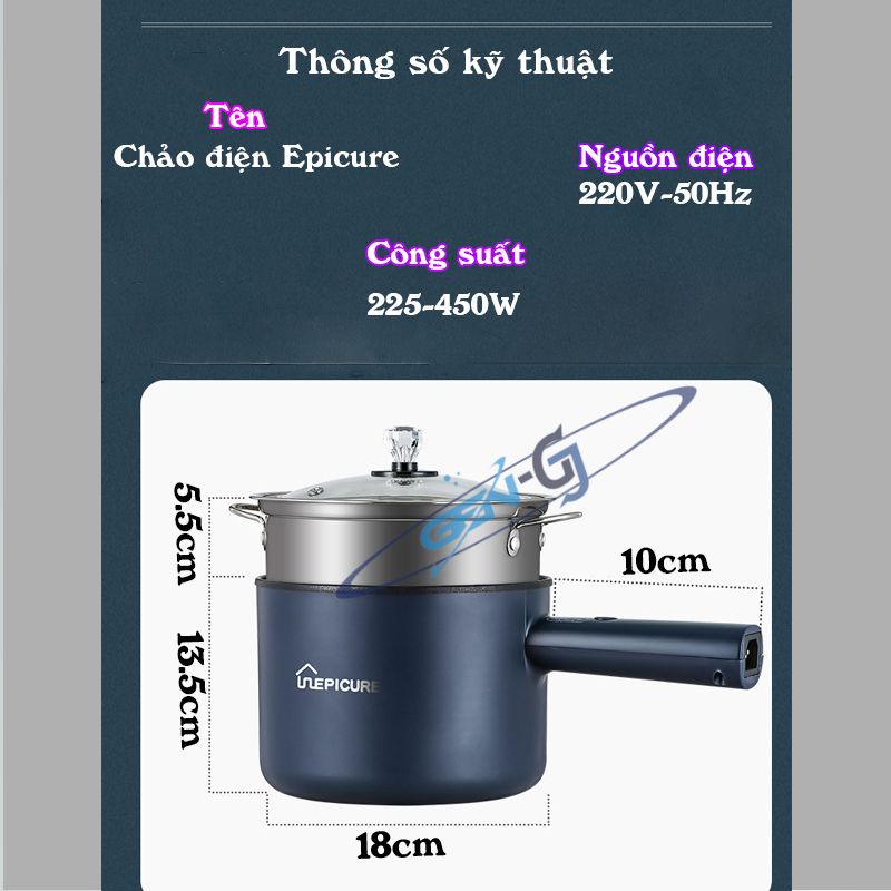 Chảo Điện Đa Năng Cao Cấp EPiCure, Chảo Lẩu Gia Đình Chống Dính 2 Tầng, 6 chức năng Lẩu, rán, nướng. Bảo Hành 12 Tháng