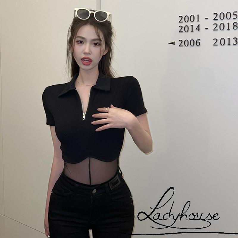 LDD-Women Attractive Sheer Bodysuit, Black Solid Color Quarter Zip Turn-down Neckline Romper