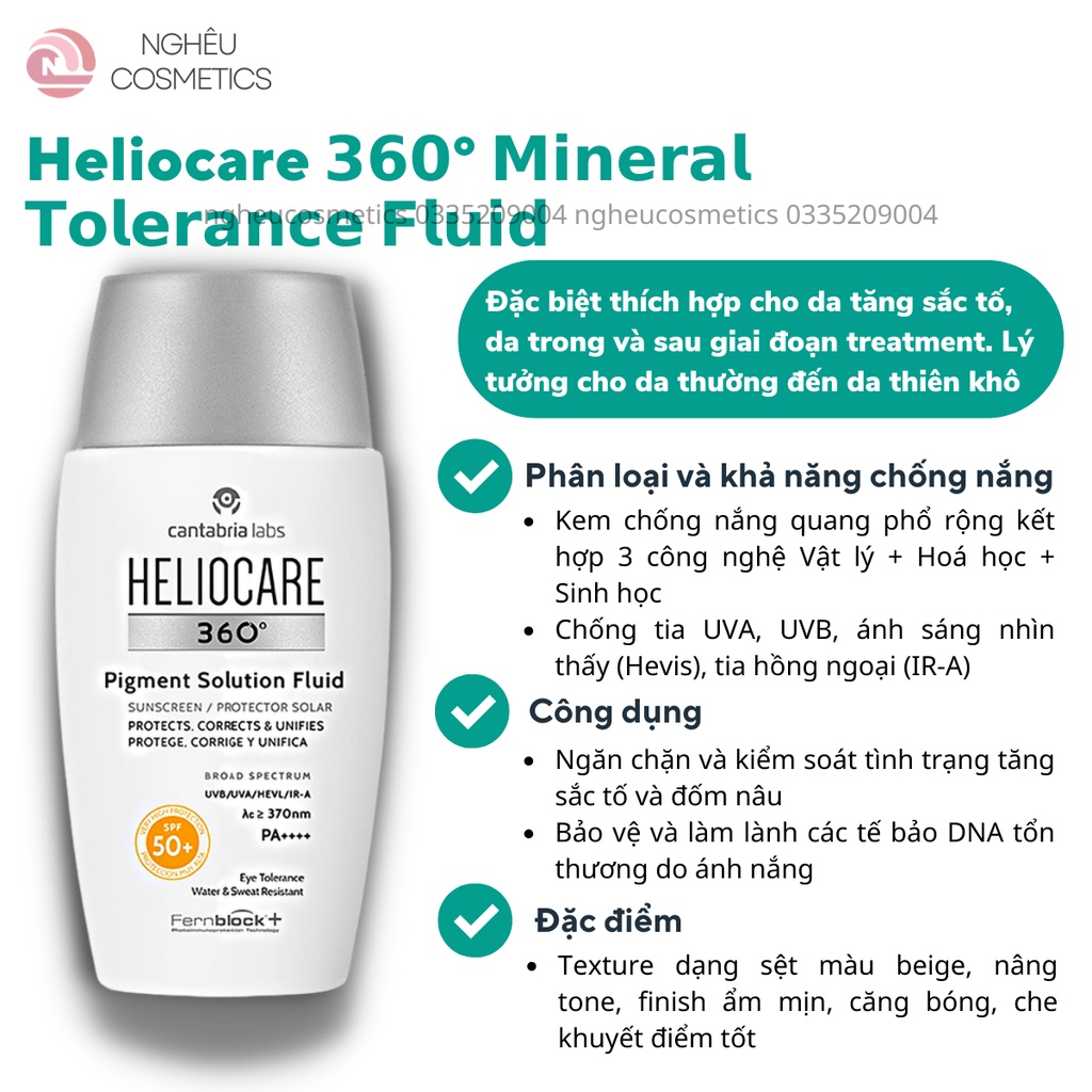 Kem Chống Nắng Heliocare Water Gel, Mineral, Pigment Chống Trôi Mỏng Nhẹ Khô Thoáng Chính Hãng