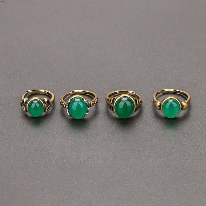 Yueying Nhẫn Hở Đính Đá Mã Não Màu Xanh Lá Có Thể Điều Chỉnh Được Cho Nữ