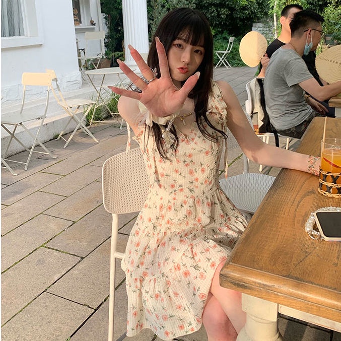 Đầm hai dây cổ chữ V phối ren in hoa thời trang mùa hè mới cho nữ 2021