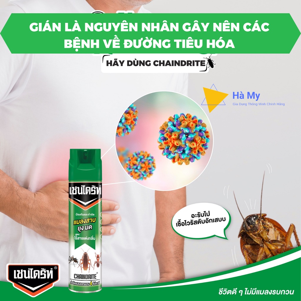 Bình Xịt Muỗi,Gián Và Các Loại Côn Trùng ChainDrite Thái Lan 600ml - An Toàn Cho Người Sử Dụng,Hàng Chính Hãng