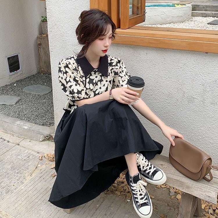 Áo sơ mi ngắn tay dáng bồng in họa tiết hoa/ Chân váy thời trang kiểu Hàn Quốc dành cho nữ