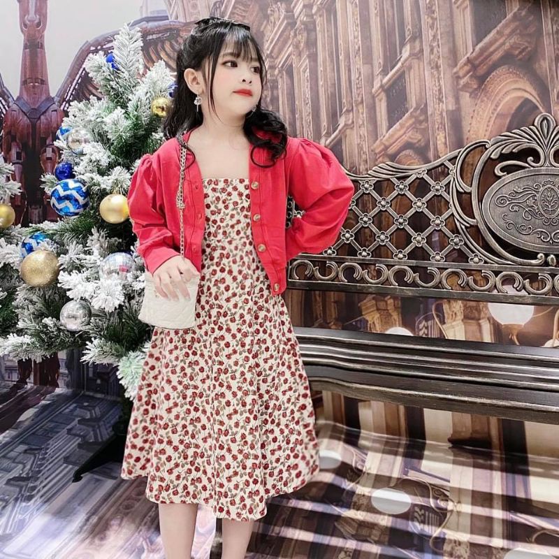 Váy bé gái nhung hoa kèm áo khoác đỏ size 13-38kg