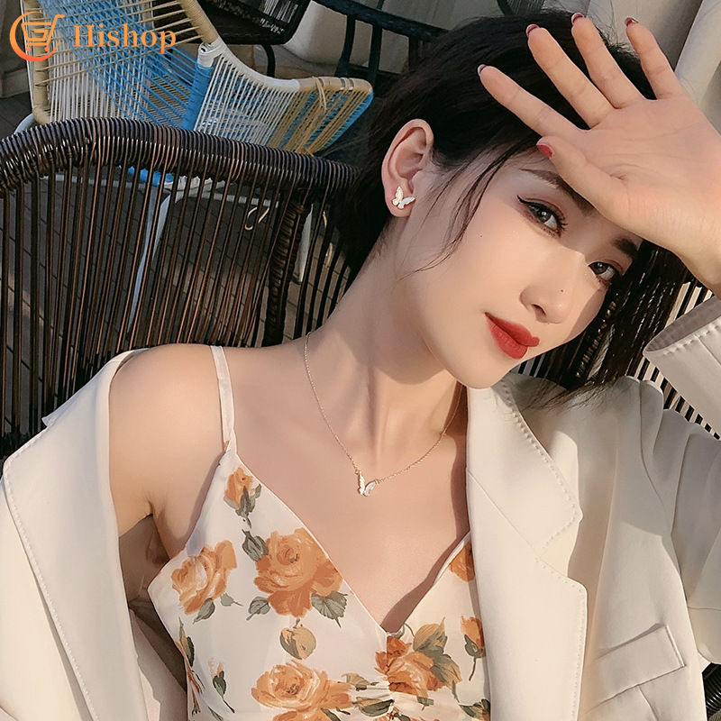 Bộ vòng cổ + Bông Tai Mạ Bạc 925 Hình Bướm Sang Trọng