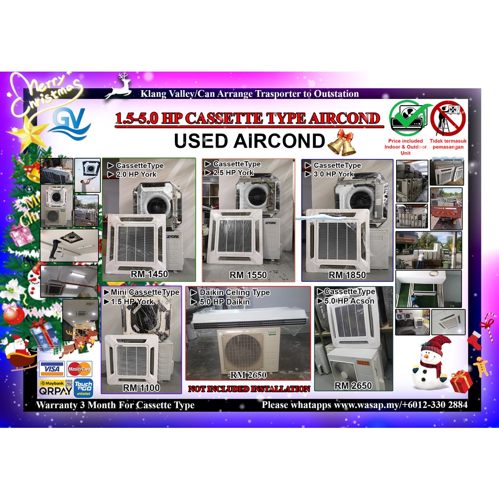 1.5hp/2.0hp/2.5hp/3.0hp/5.0hp Cassette Type Used Air Conditioner/Aircond/2hp/3hp/5hp/KLVALLEY/MerryChristmas