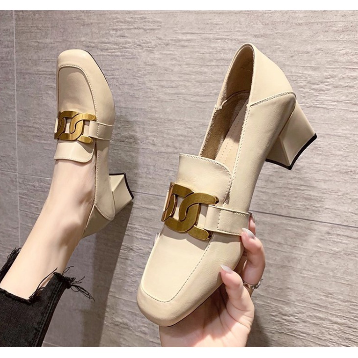 Giày Loafer công sở mũi vuông da mềm cao gót 5cm phối xích phong cách Hàn quốc