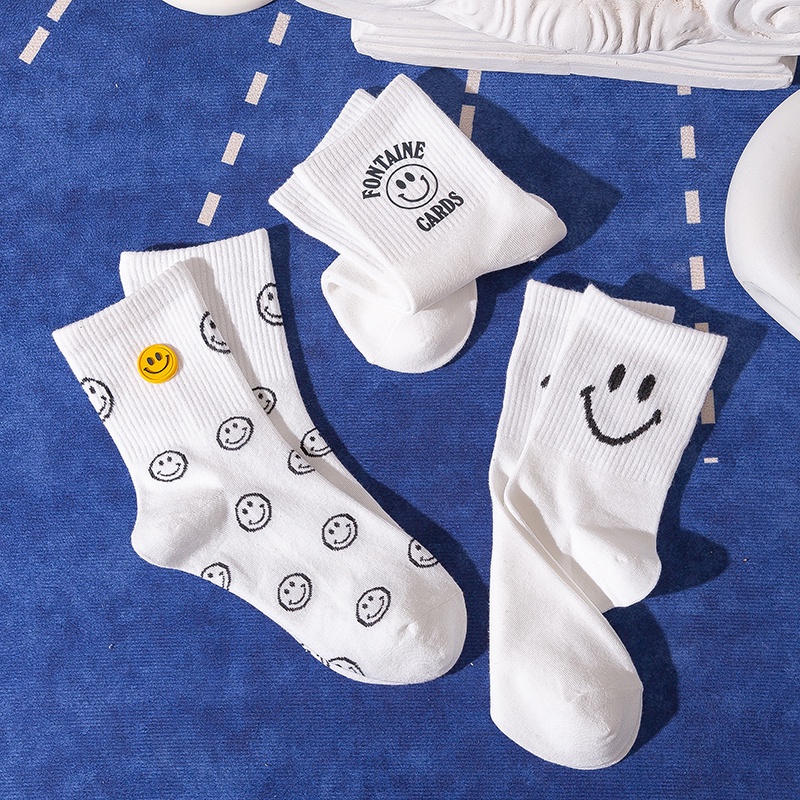 White Smiley Faces Women Socks Korean Cotton Black Funny Emoji Expression Female Crew Socks Kawaii Ladies Striped Casual Socks