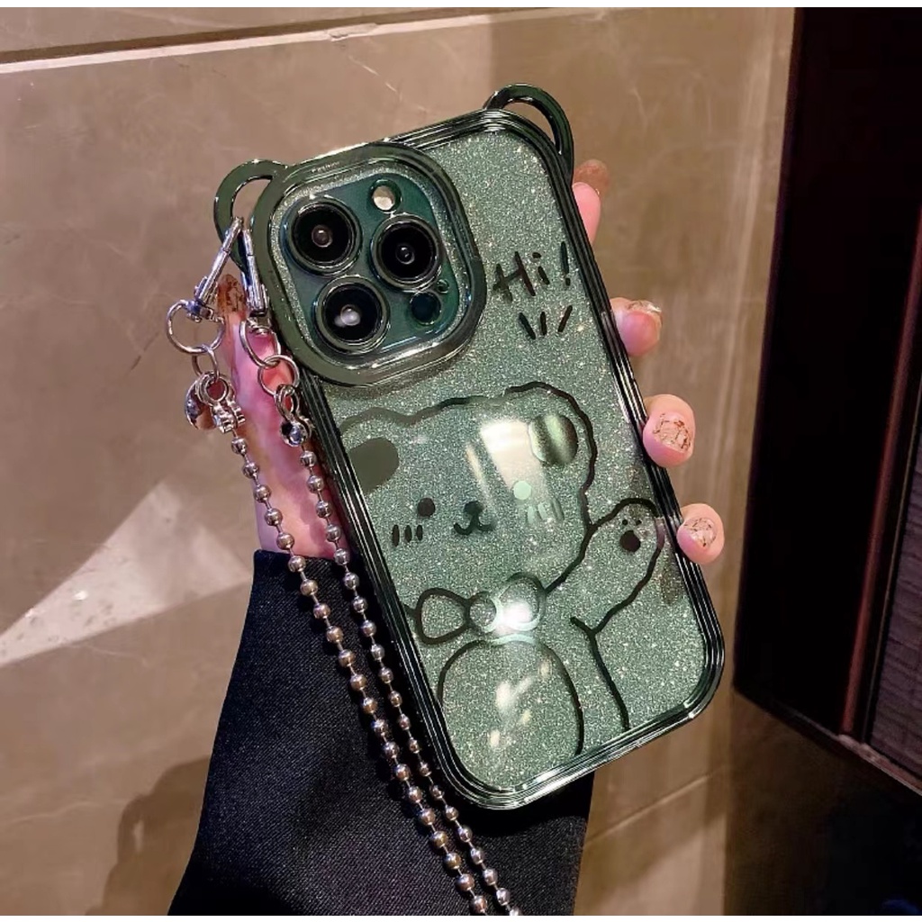 Ốp Điện Thoại Mềm Hình Gấu Kim Tuyến Có Dây Đeo Cho iphone 15 14 13 12 pro max xr xs max x 7 8 14 plus