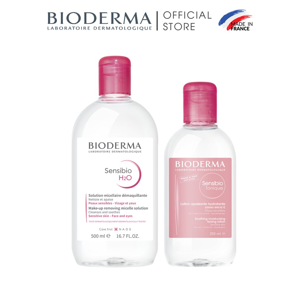 Bộ đôi nước tẩy trang làm sạch micellar cho da nhạy cảm Bioderma Sensibio H2O 500ml và dung dịch cân bằng, dưỡng ẩm 250m