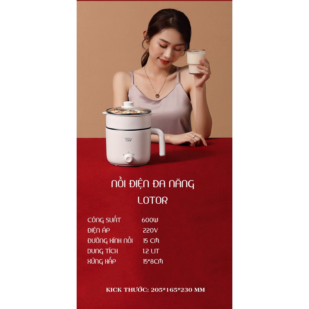 Nồi điện đa năng chống dính Lotor 1.2L lẩu, chiên, xào...(tặng kèm ổ cắm 3 chấu)