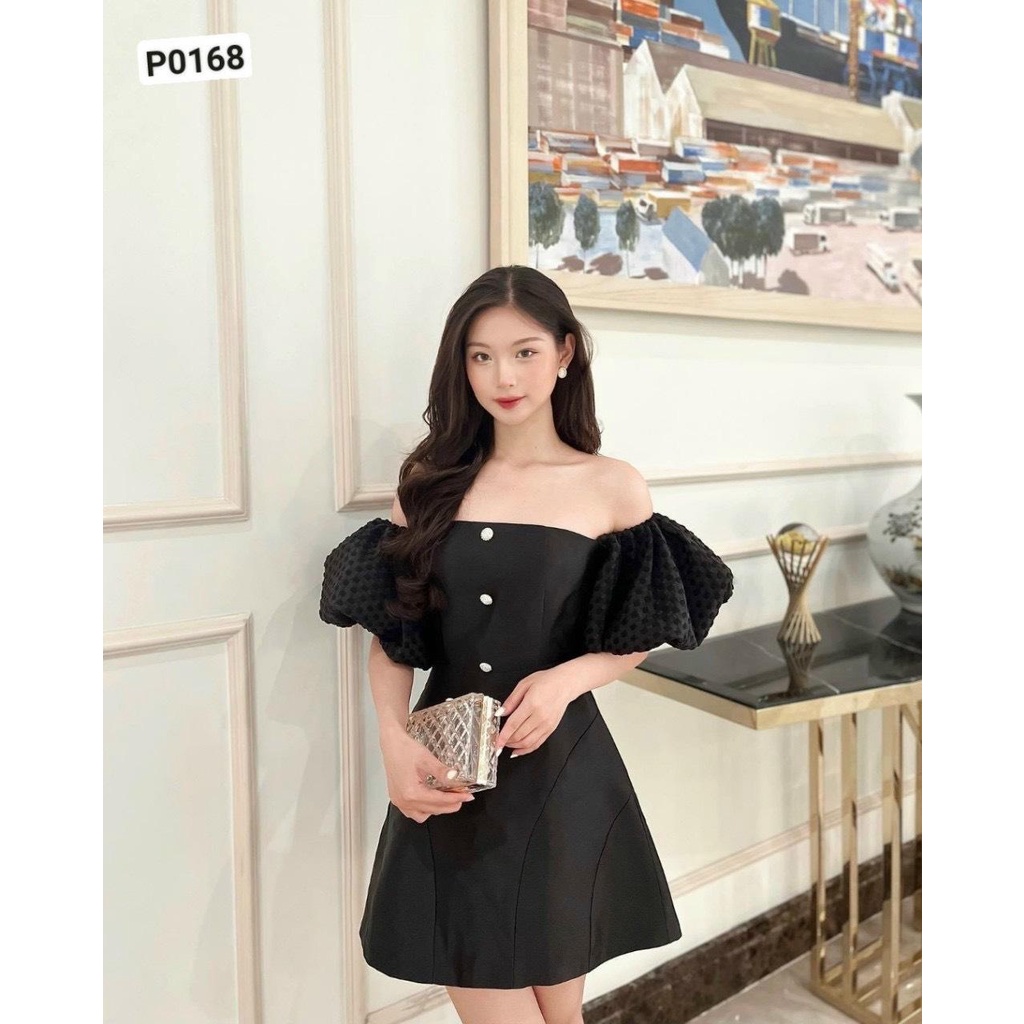 Đầm Trễ Vai Cúp Ngực Tay Phồng mặc 2 kiểu - D0640