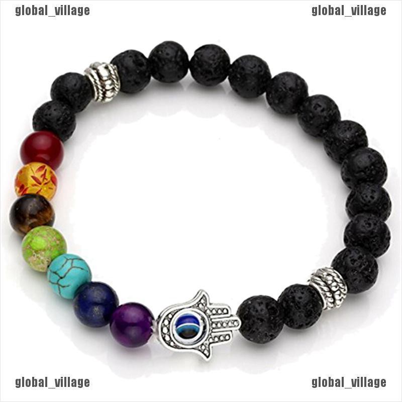 [global] Hamsa Hand Chakra Gemstone Bracelet Lava Stone Crystal Reiki Healing Balancing [village]