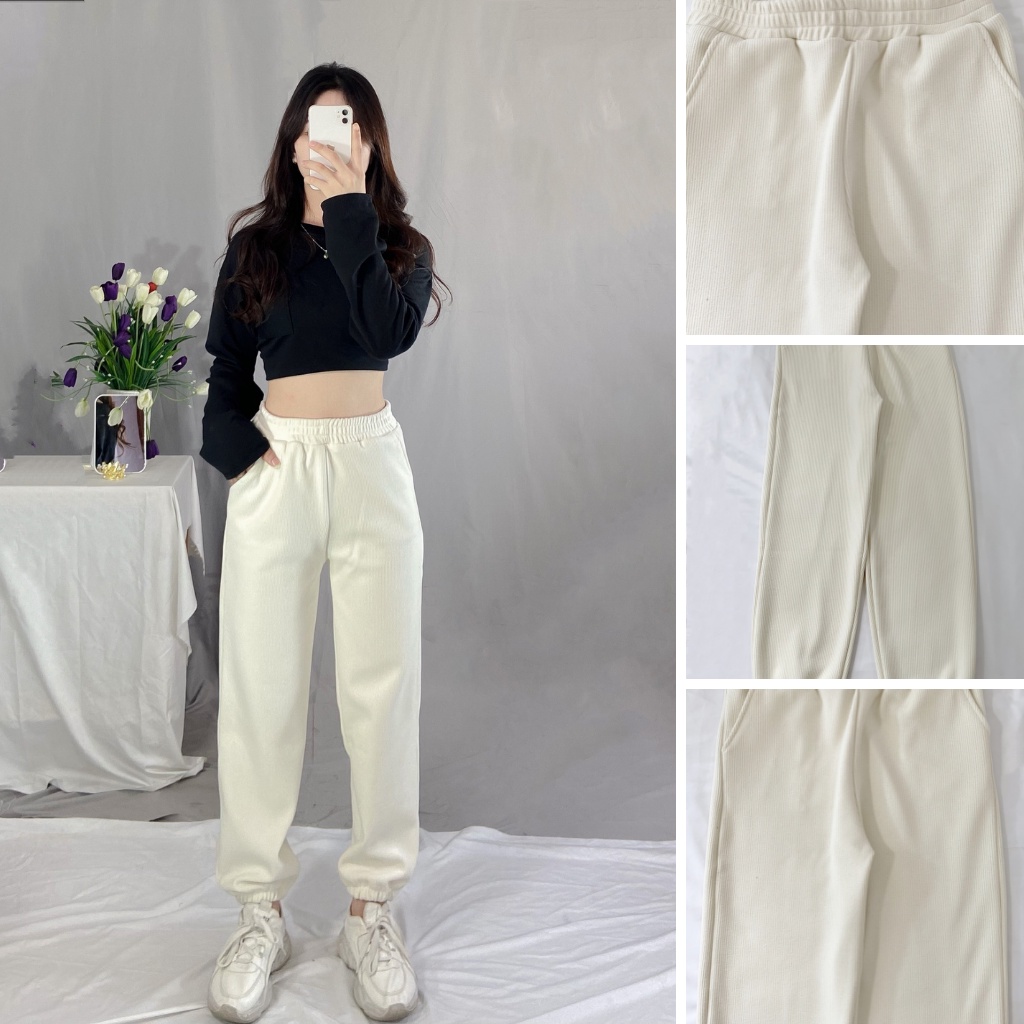 Quần jogger  nữ thể thao Q2432 EMIX (5 màu), unisex, dáng dài, cạp cao, lưng chun, vải nhung tăm trơn basic