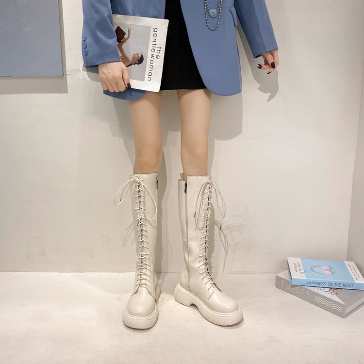 Giày bốt đế cao mũi tròn thắt dây và phối khóa kéo thời trang cá tính dành cho nữ | BigBuy360 - bigbuy360.vn