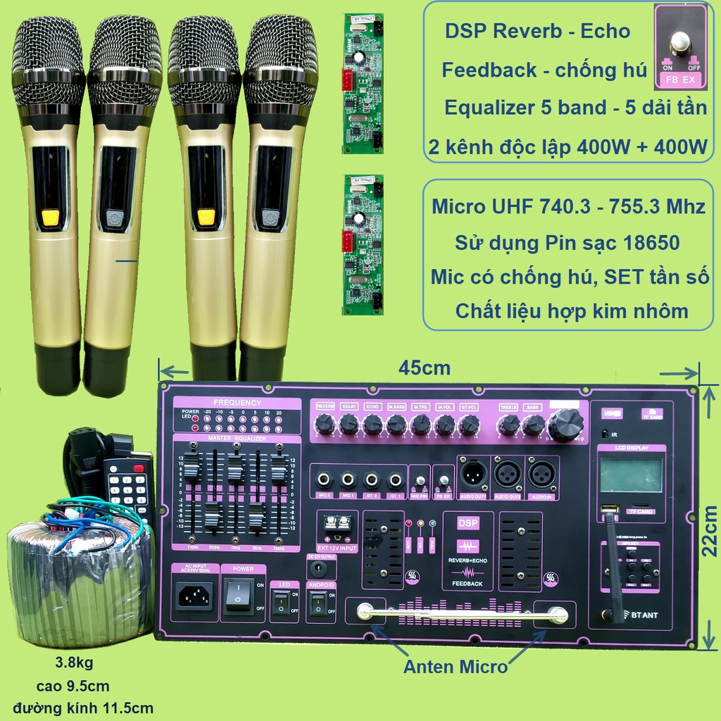Mạch loa kéo Reverb 2 kênh có Equalizer 5 band kèm micro kèm mic chống hú pin 18650 tần số 740.3 – 755.3 Mhz