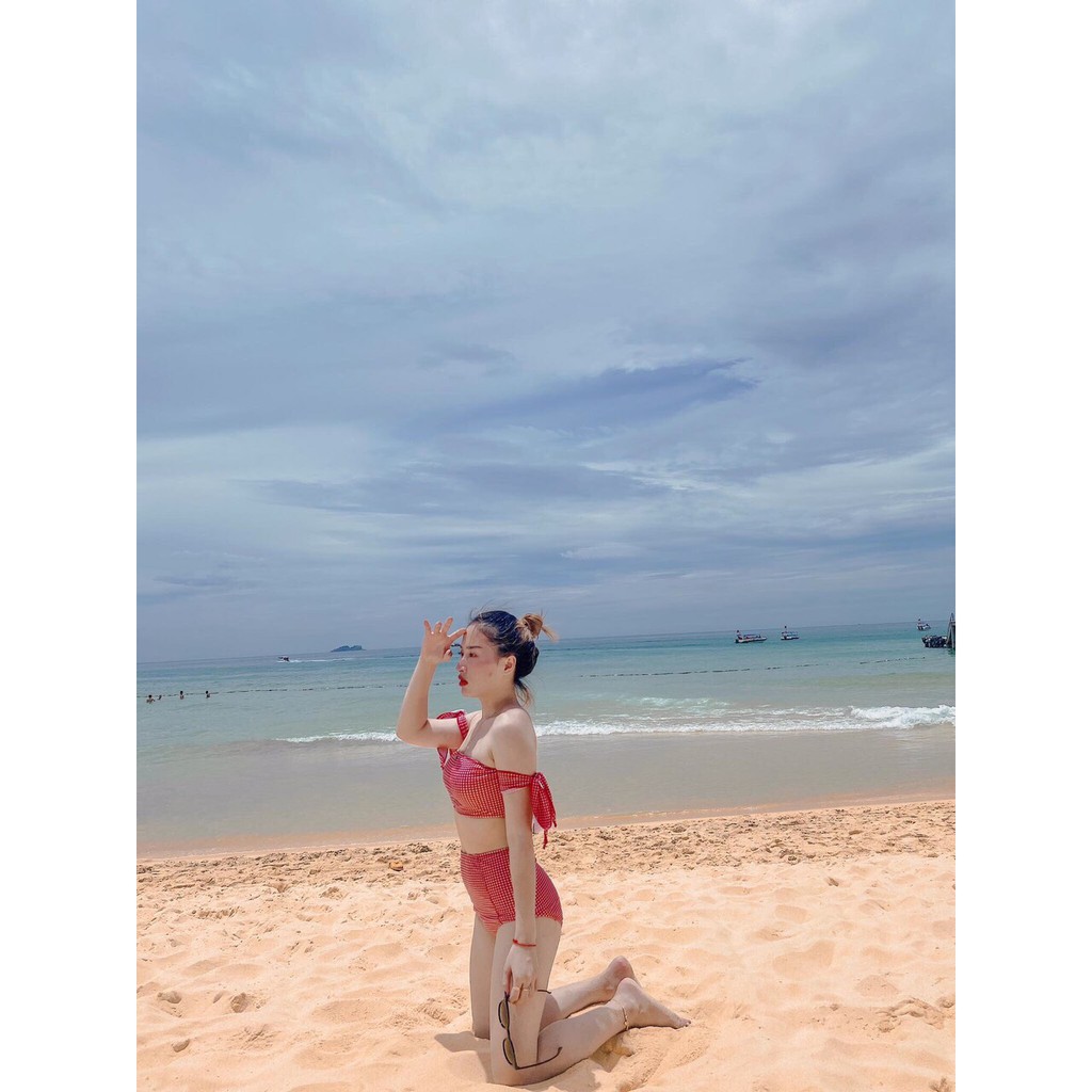 Bikini, Đồ Bơi Đi Biển Hai Mảnh Caro Nơ Vai Đỏ Quần Cạp Cao KG03838 | BigBuy360 - bigbuy360.vn