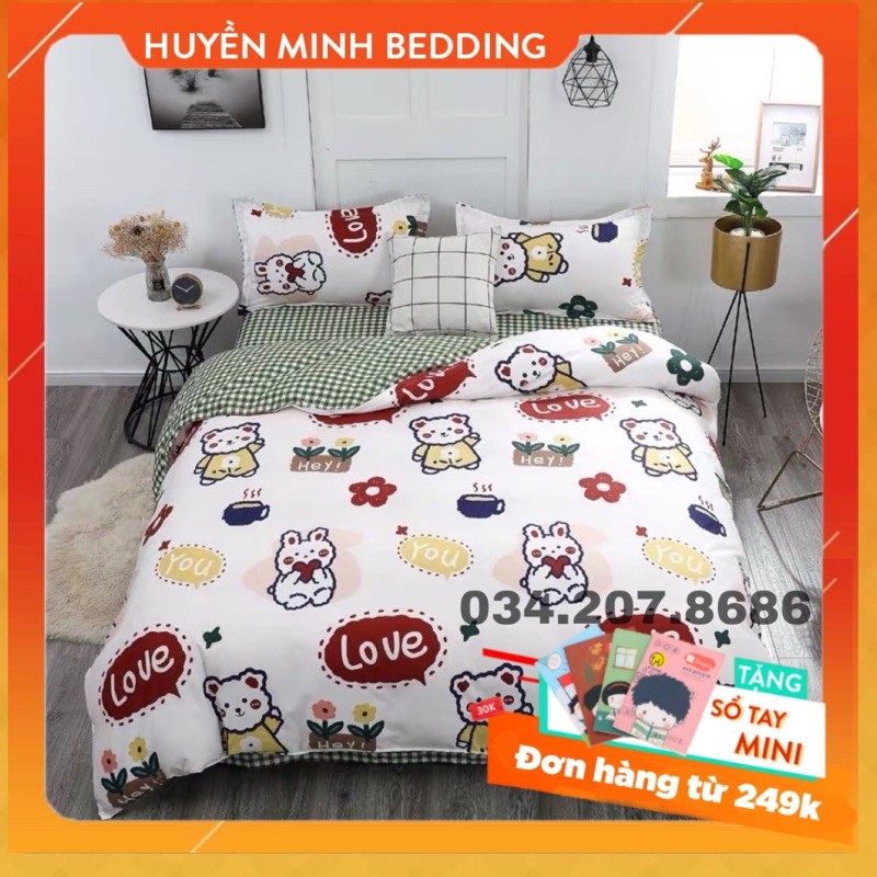 Bộ chăn ga gối Cotton Poly gấu love trắng - Set Chăn Ga Gối 5 Món HUMI BEDDING