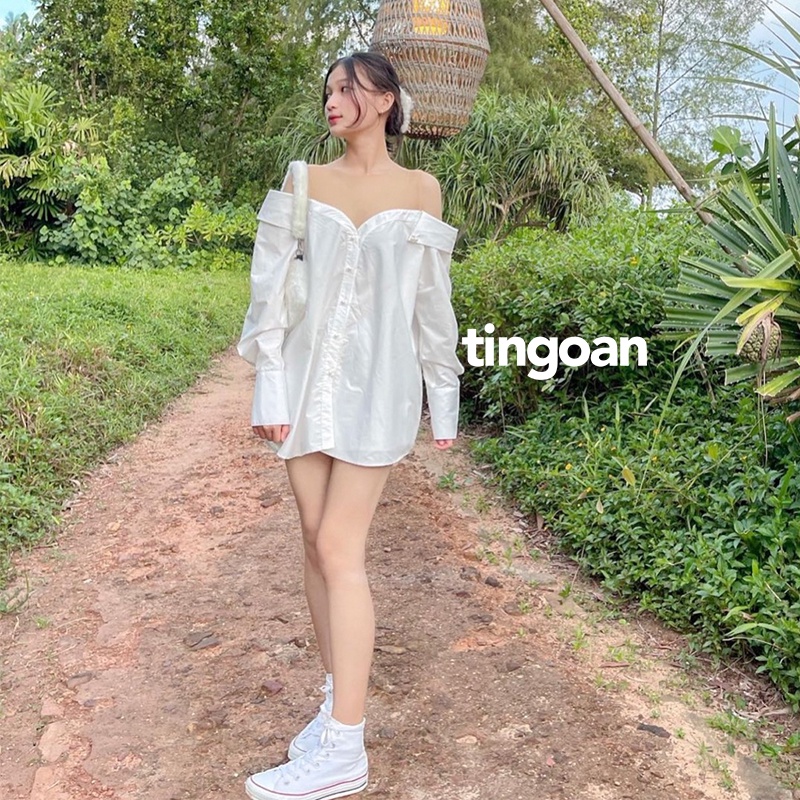 Áo sơmi trễ vai trắng phối lưới đính ngọc chống nhăn tingoan PURE LOVE SHIRT
