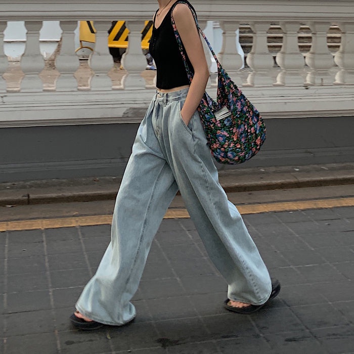 Quầnjeandài ống rộng lưng cao phong cách retro cho n