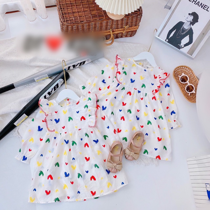 [V20] Váy Cánh Tiên Họa Tiết Trái Tim Siêu Xinh Cho Bé Chất Vải Đũi Mềm Mại Nổi Bật Size Từ 8-18Kg VNXK Nhật-Hàn