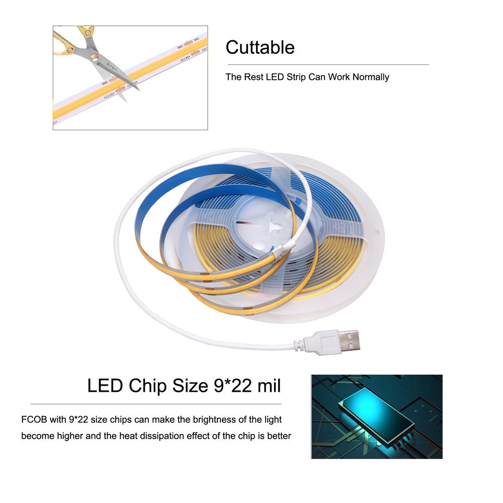 5v USB LED COB Dải Ánh Sáng Cảm Ứng Có Thể Điều Chỉnh Độ Sáng Công Tắc Băng LED Linh Hoạt 320 Đèn LED Mật Độ Cao FOB Mềm Đèn LED 3000K 4000K 6000K