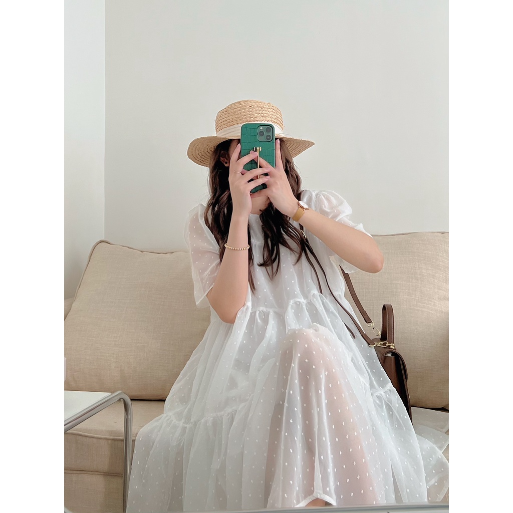 Váy - đầm dáng dài hoa nhí cổ vuông cộc tay 3 màu, đầm hoa nhí babydoll cộc tay dáng dài đi biển đi chơi
