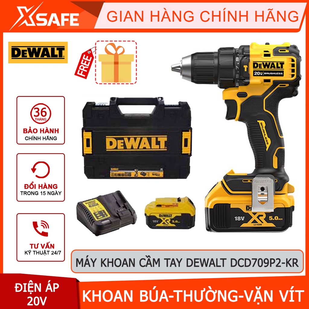Máy khoan pin động lực DEWALT DCD709P2-KR 20V động cơ không chổi than, 3 chức năng khoan búa - thường - vặn vít