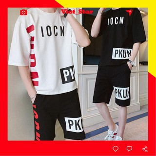 Bộ quần áo nam thể thao cộc tay mặc mùa hè in chữ ICON, chất thun cotton 2 màu đen/trắng VST