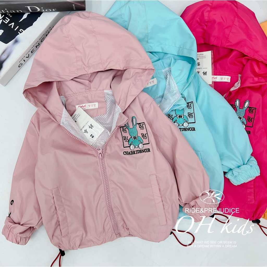 Áo khoác bé gái, bé trai, áo gió 2 lớp họa tiết thỏ thêu BRLO vải chính phẩm siêu đẹp cho bé