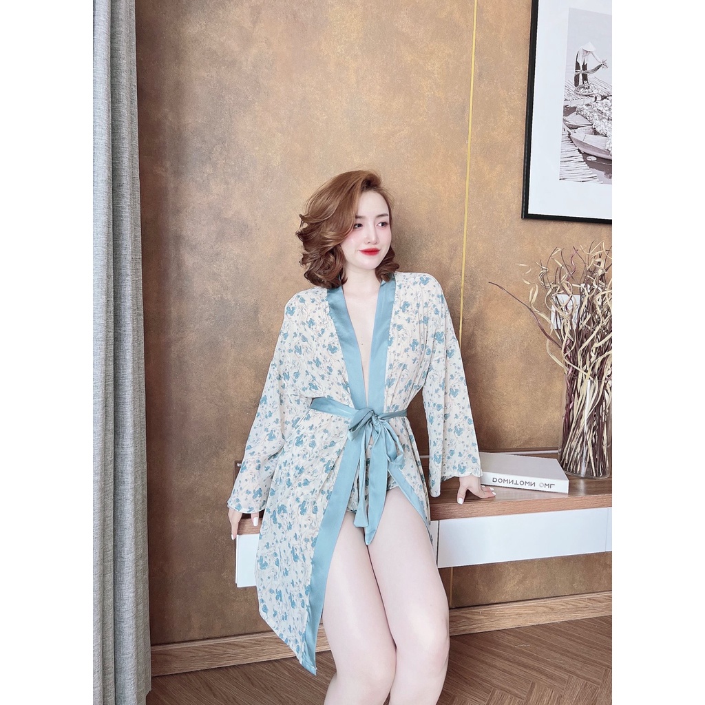 Đồ ngủ nữ sexy, váy ngủ nữ set choàng tay dài sexy gợi cảm quyến rủ chất voan bigsize dưới 65kg