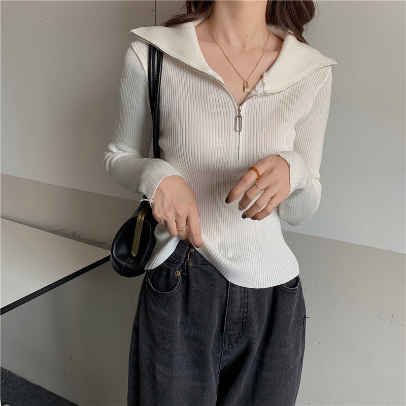 Áo sweater tay dài có dây kéo nửa thời trang mùa thu