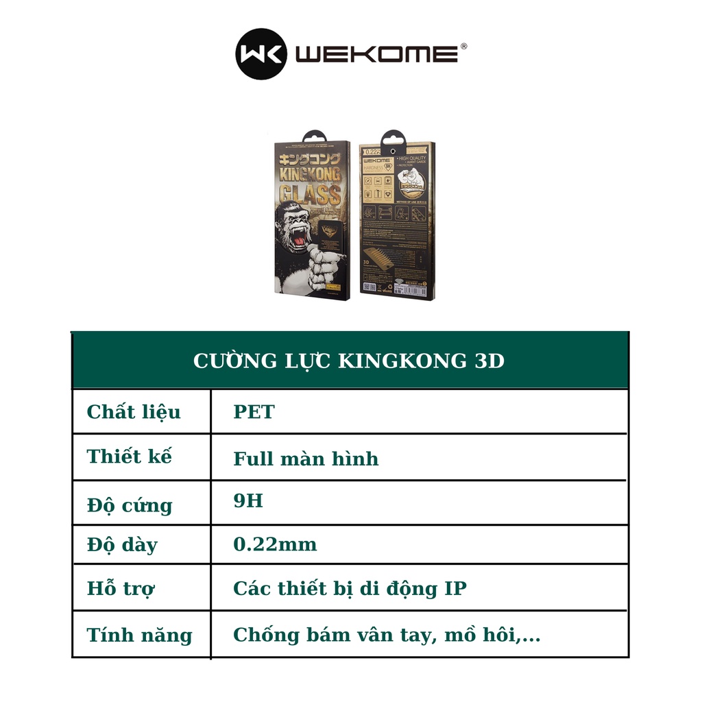 Kính cường lực các dòng iphone tự dán WEKOME KingKong3d chính hãng, miếng dán màn hình điện thoại ip trong suốt full màn