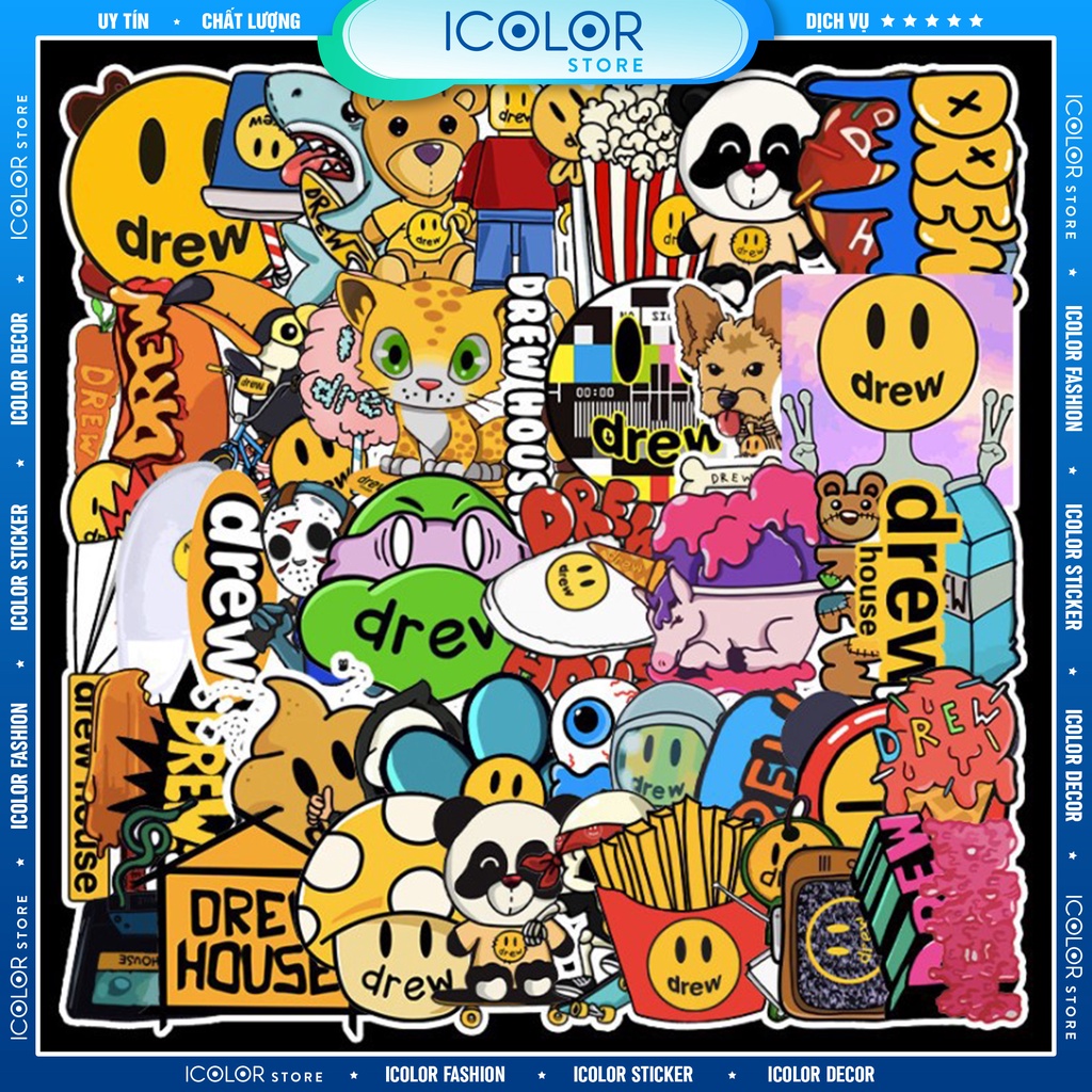 [SET 50] Sticker thương hiệu Drew chống nước, dán mũ bảo hiểm, vali, laptop 093